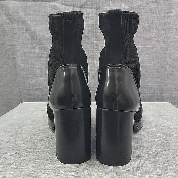 TORY BURCH Rowan Black leather Sock Booties block heel Women's 9M READ - Picture 5 of 11